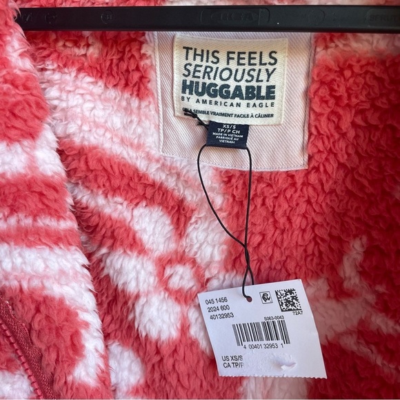 AE American Eagle Zip-Up Bear Hug Sherpa Jacket Pink Flowers XS oversized bomber - Picture 8 of 12